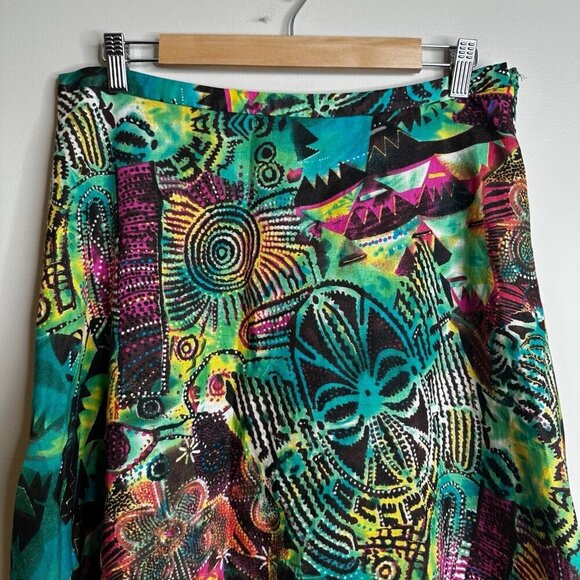 WD NY Skirt Sz 12 Colorful Astract Gold Pailettes Cotton Linen A Line Artsy Boho - Picture 2 of 9